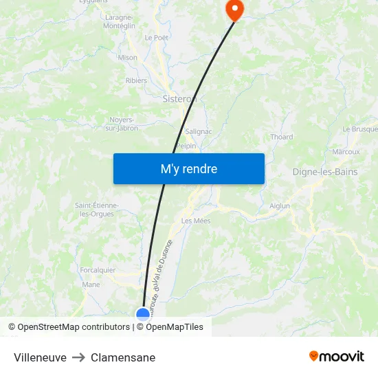 Villeneuve to Clamensane map