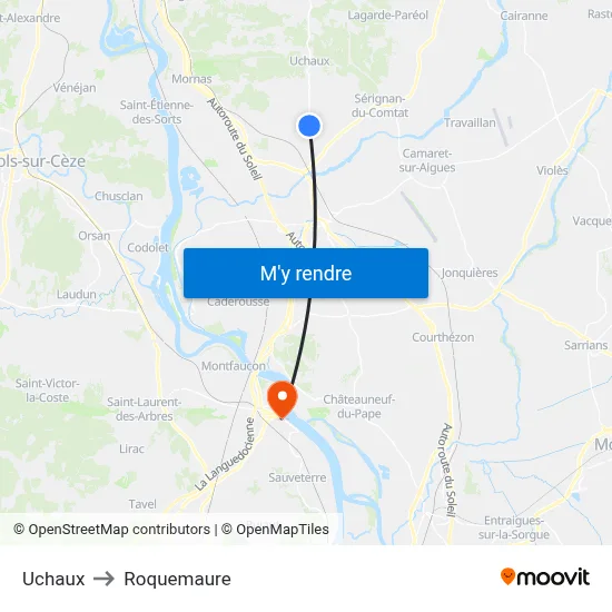 Uchaux to Roquemaure map