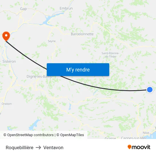 Roquebillière to Ventavon map
