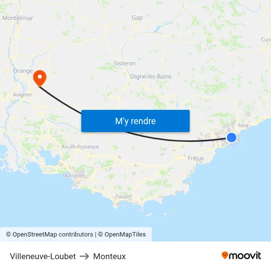 Villeneuve-Loubet to Monteux map