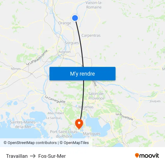 Travaillan to Fos-Sur-Mer map