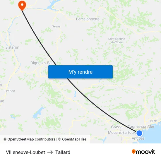 Villeneuve-Loubet to Tallard map