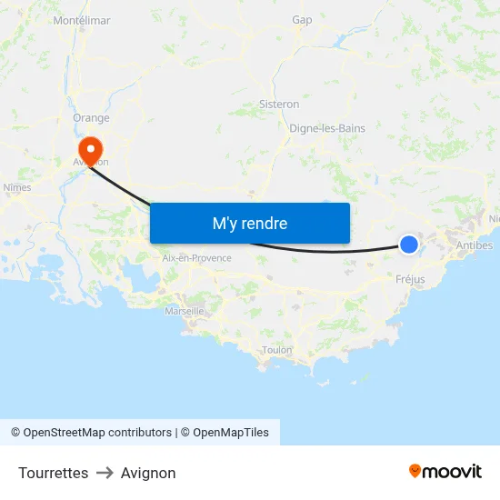 Tourrettes to Avignon map