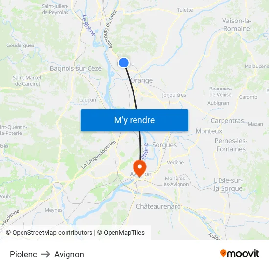 Piolenc to Avignon map