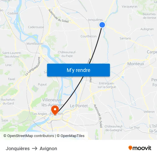 Jonquières to Avignon map