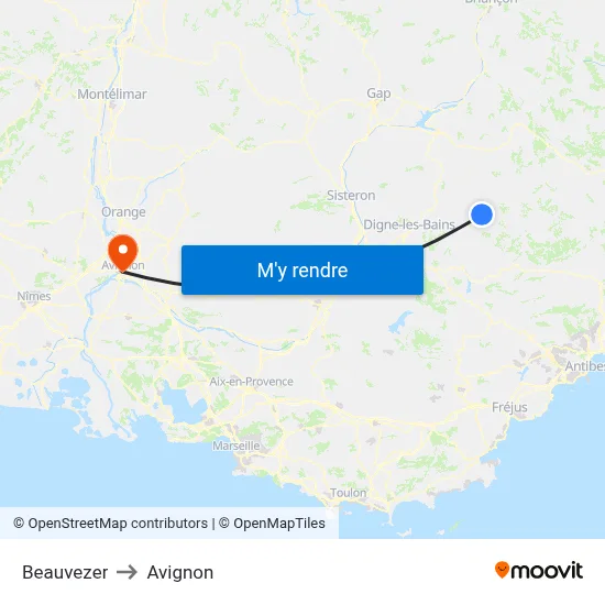 Beauvezer to Avignon map