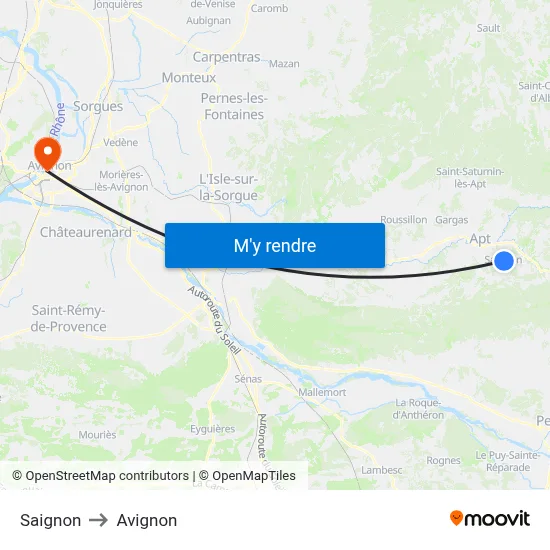 Saignon to Avignon map