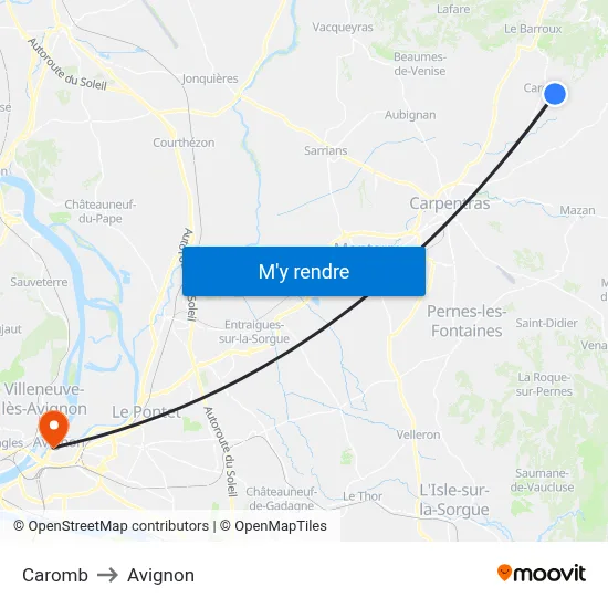 Caromb to Avignon map