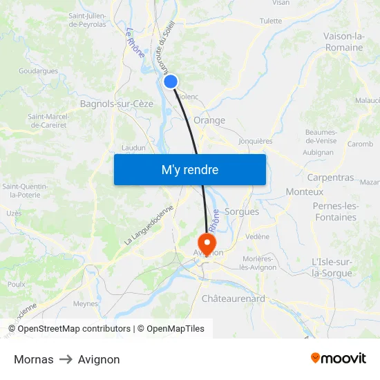 Mornas to Avignon map