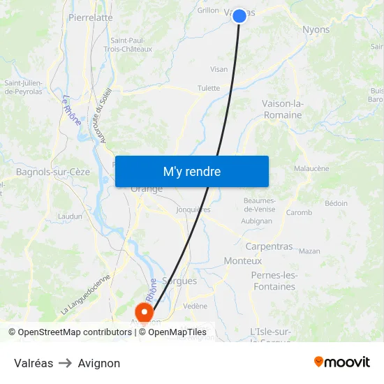 Valréas to Avignon map