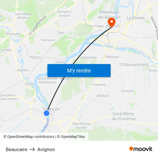 Beaucaire to Avignon map