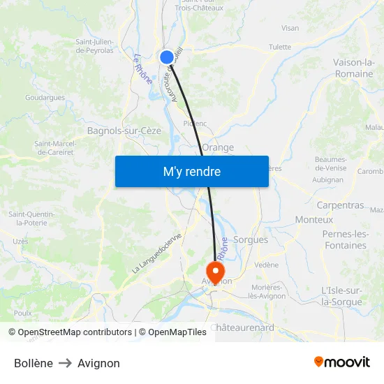Bollène to Avignon map