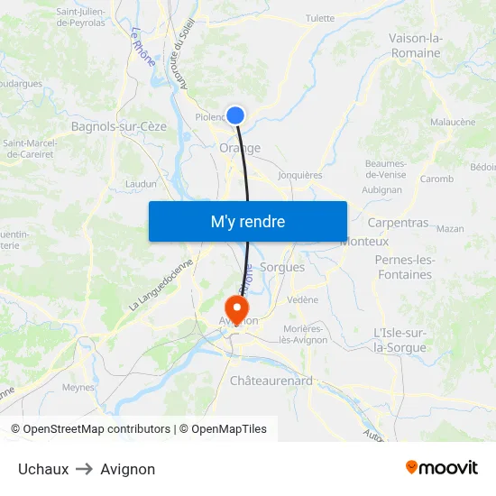 Uchaux to Avignon map