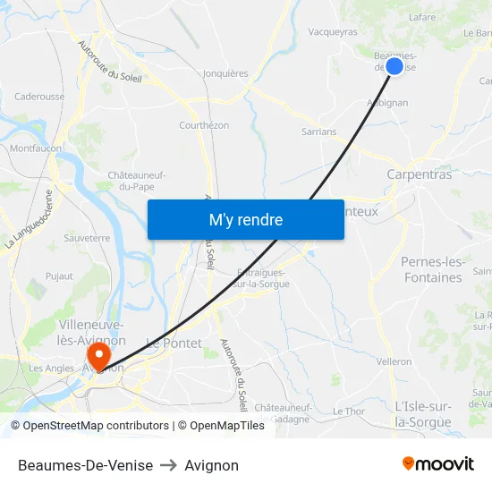 Beaumes-De-Venise to Avignon map