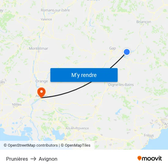 Prunières to Avignon map