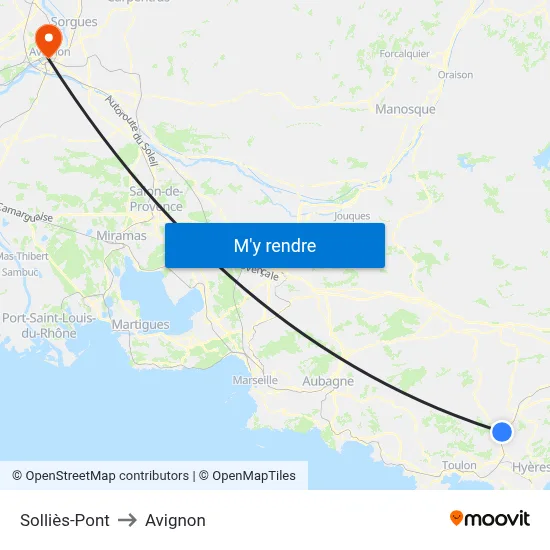 Solliès-Pont to Avignon map