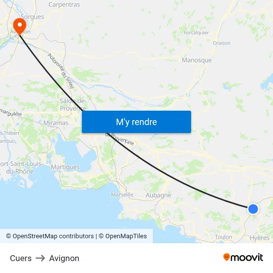 Cuers to Avignon map