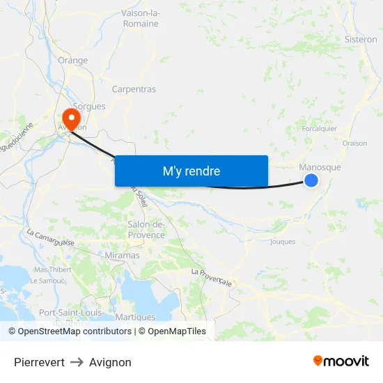 Pierrevert to Avignon map
