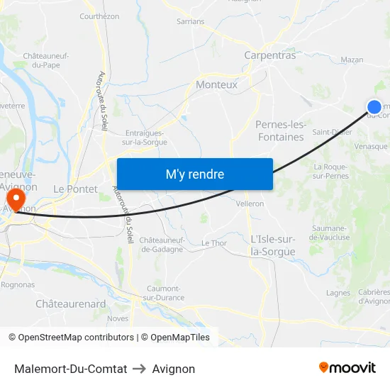 Malemort-Du-Comtat to Avignon map