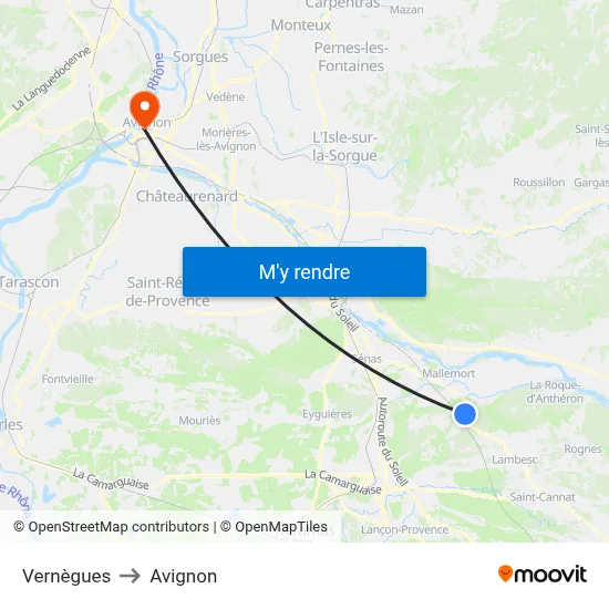 Vernègues to Avignon map