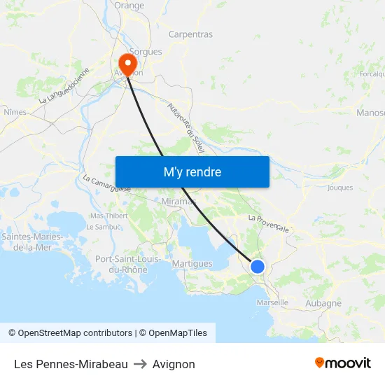 Les Pennes-Mirabeau to Avignon map