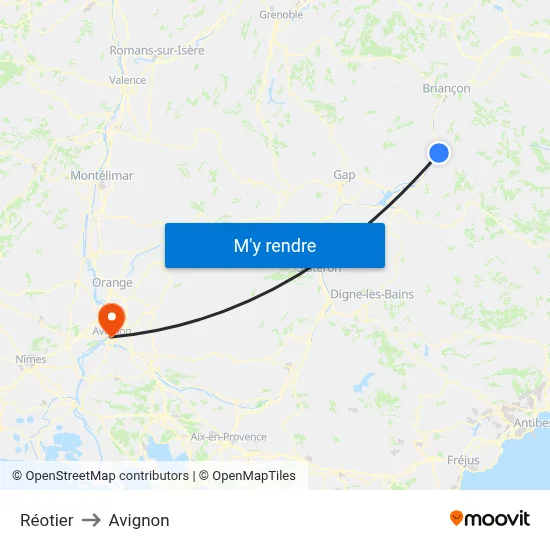 Réotier to Avignon map