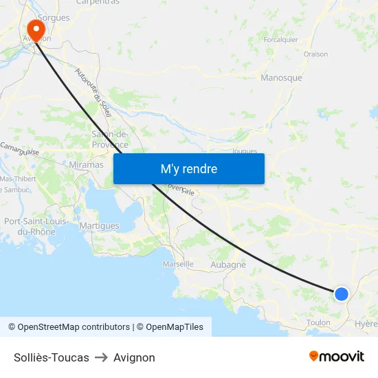 Solliès-Toucas to Avignon map