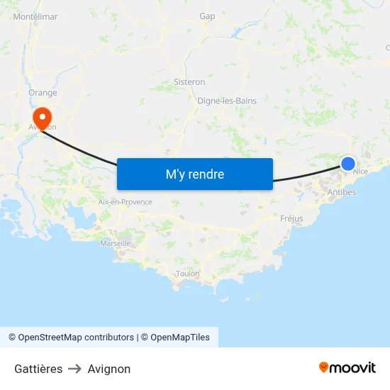 Gattières to Avignon map