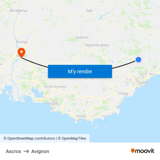 Ascros to Avignon map
