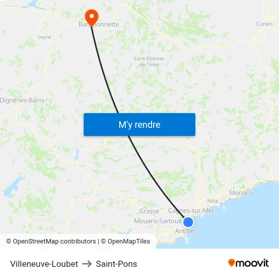 Villeneuve-Loubet to Saint-Pons map