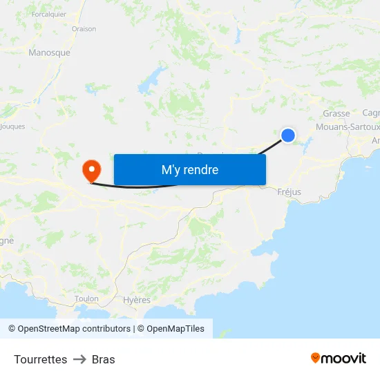 Tourrettes to Bras map