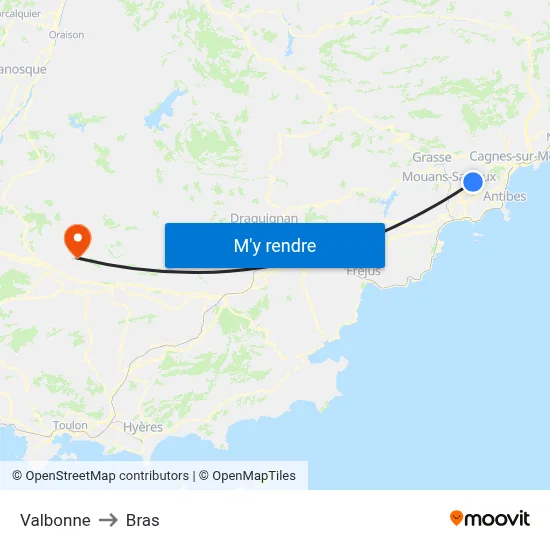 Valbonne to Bras map