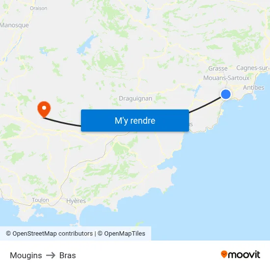 Mougins to Bras map