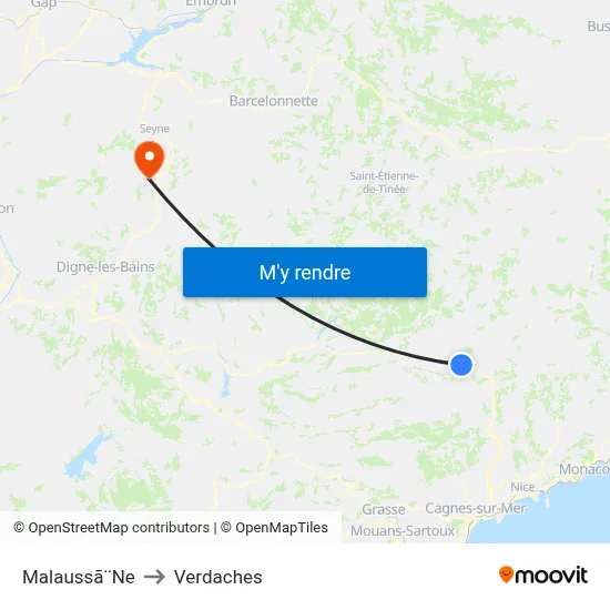 Malaussã¨Ne to Verdaches map