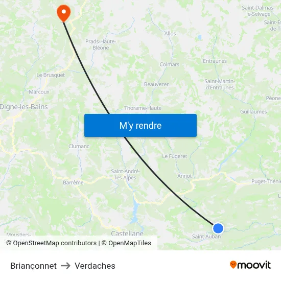 Briançonnet to Verdaches map