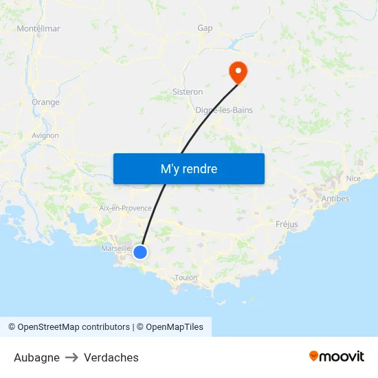 Aubagne to Verdaches map