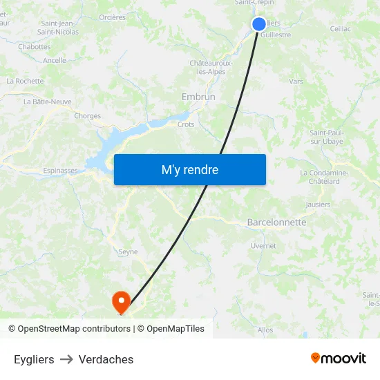 Eygliers to Verdaches map