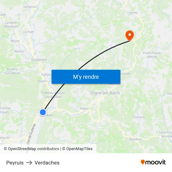 Peyruis to Verdaches map