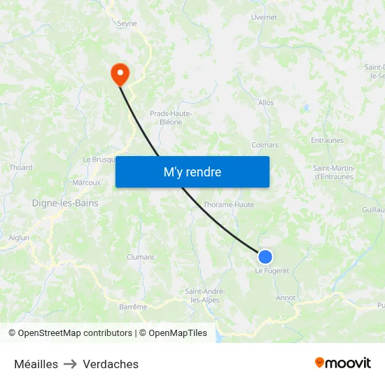 Méailles to Verdaches map