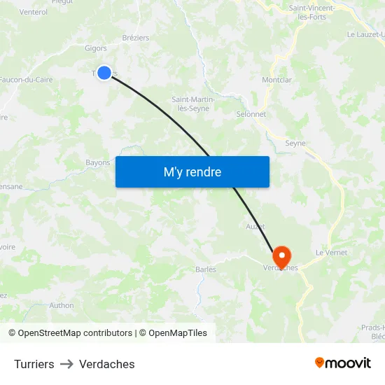 Turriers to Verdaches map