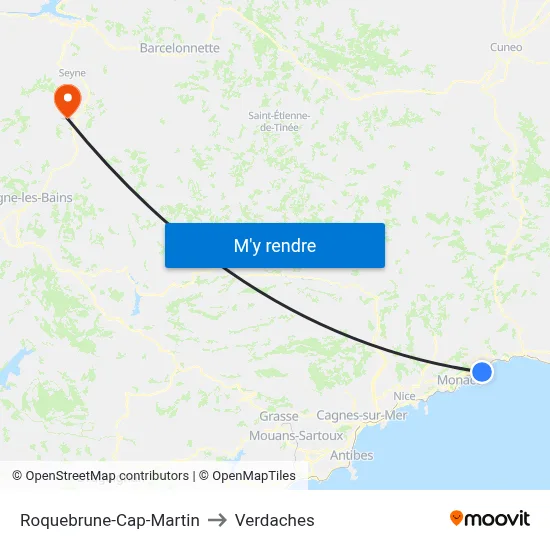 Roquebrune-Cap-Martin to Verdaches map