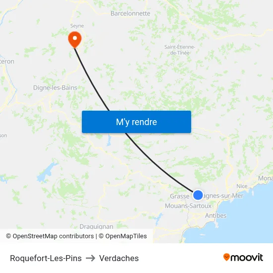 Roquefort-Les-Pins to Verdaches map