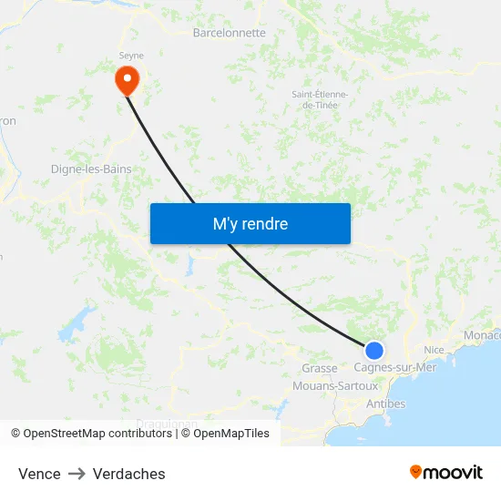 Vence to Verdaches map