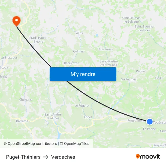 Puget-Théniers to Verdaches map