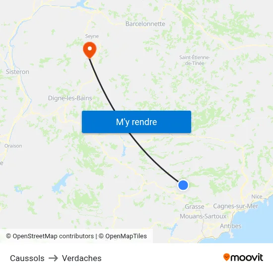 Caussols to Verdaches map