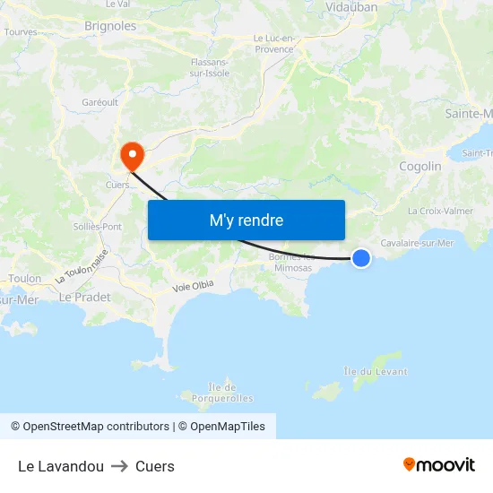 Le Lavandou to Cuers map
