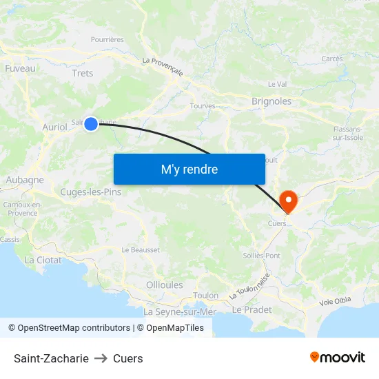 Saint-Zacharie to Cuers map