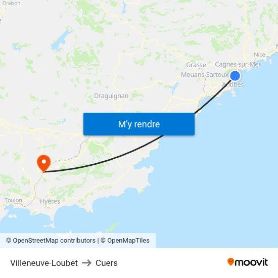 Villeneuve-Loubet to Cuers map