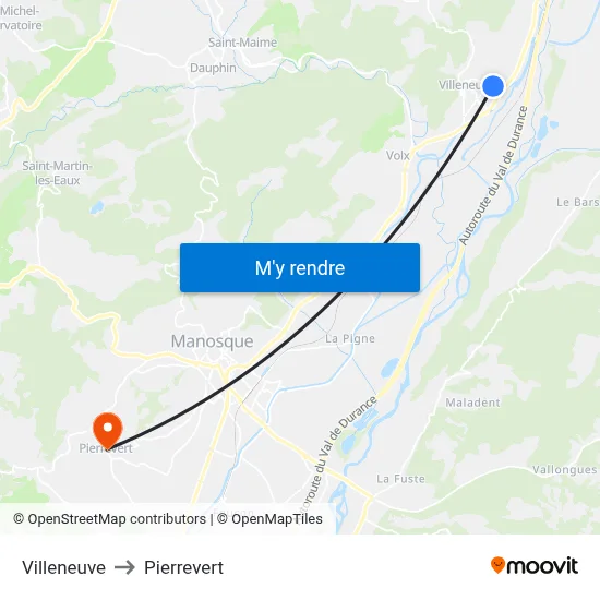 Villeneuve to Pierrevert map