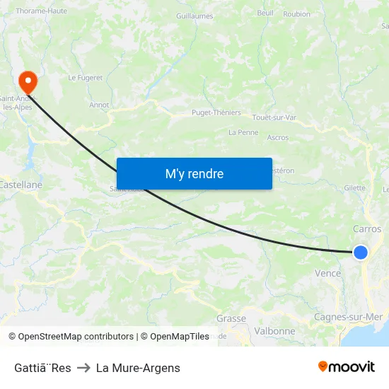 Gattiã¨Res to La Mure-Argens map